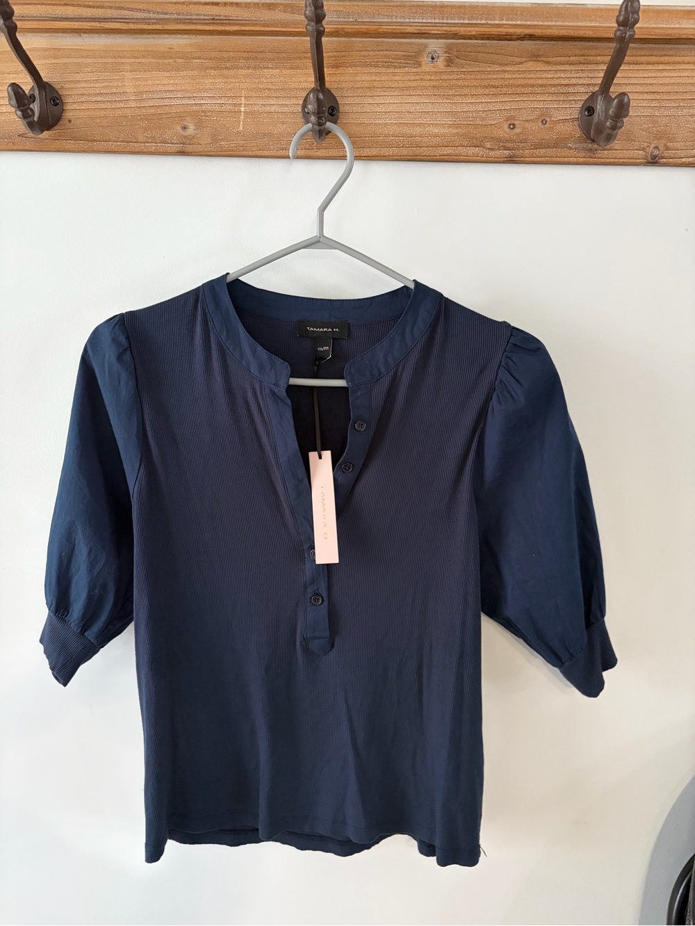 Tahari Navy Button-Front Puff Sleeve Blouse